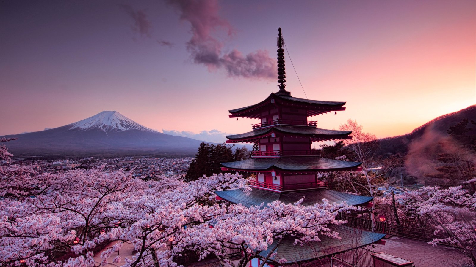 Mount Fuji and Chureito Pagoda at sunset